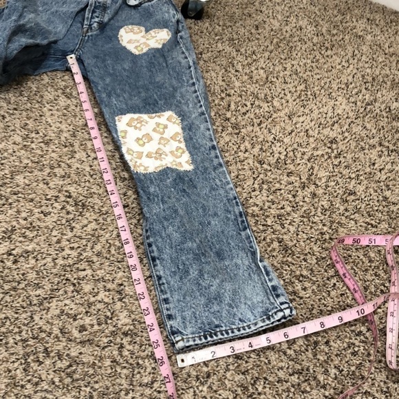 PACSUN High Rise Straight Leg Jeans Size 24 Blue Acid Wash Teddy Bear Patchwork - Picture 7 of 11